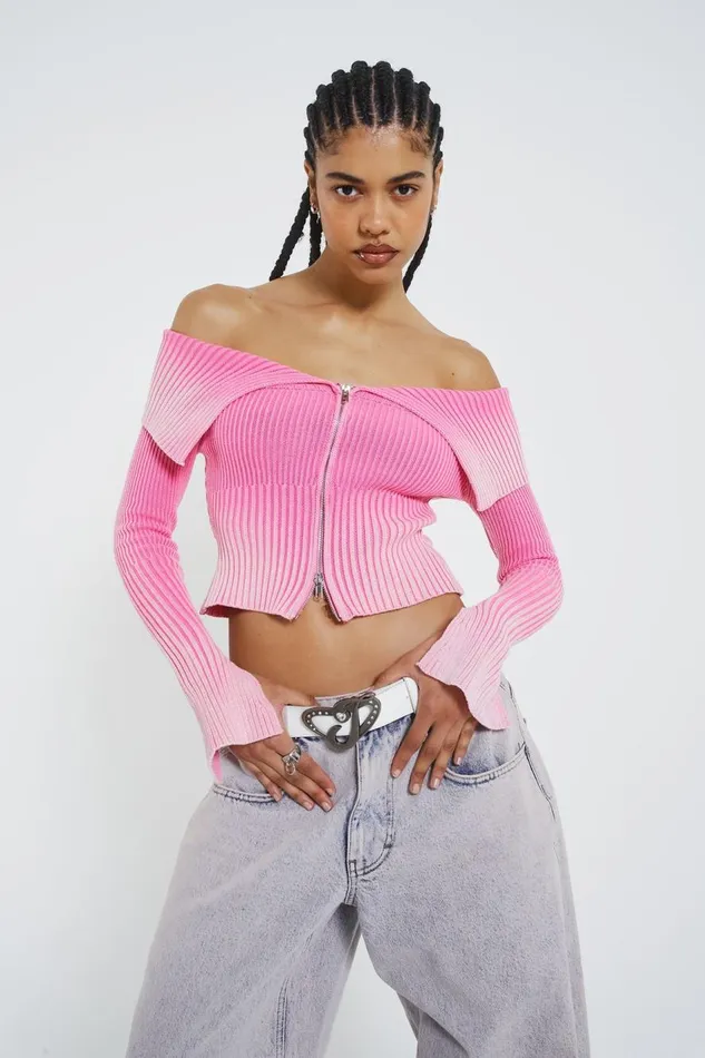 Jaded London Pink Tribeca Ribbed Off The Shoulder Knit Women Knitwear