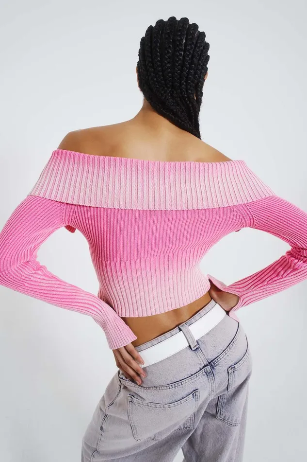 Jaded London Pink Tribeca Ribbed Off The Shoulder Knit Women Knitwear