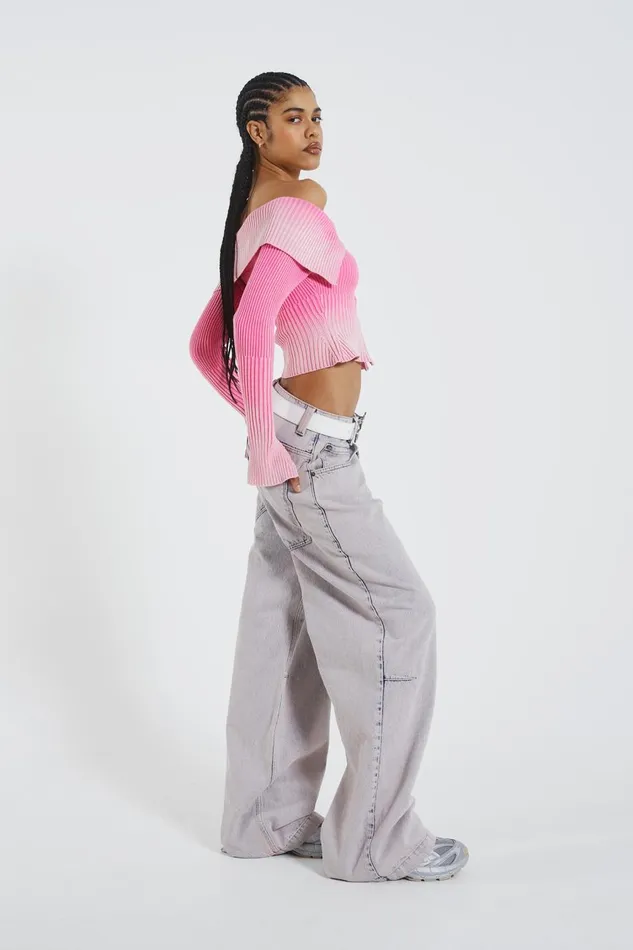 Jaded London Pink Tribeca Ribbed Off The Shoulder Knit Women Knitwear