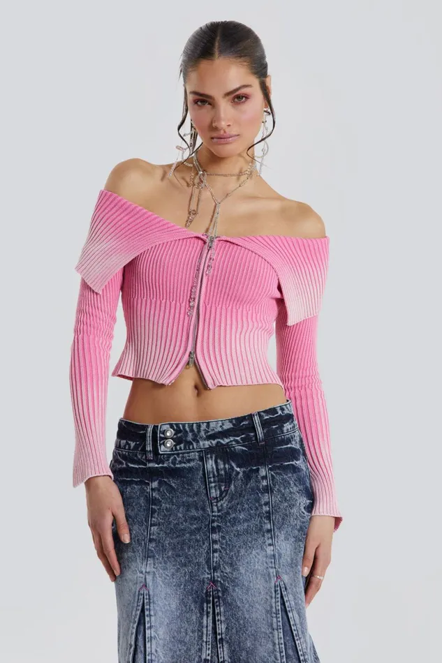 Jaded London Pink Tribeca Ribbed Off The Shoulder Knit Women Knitwear