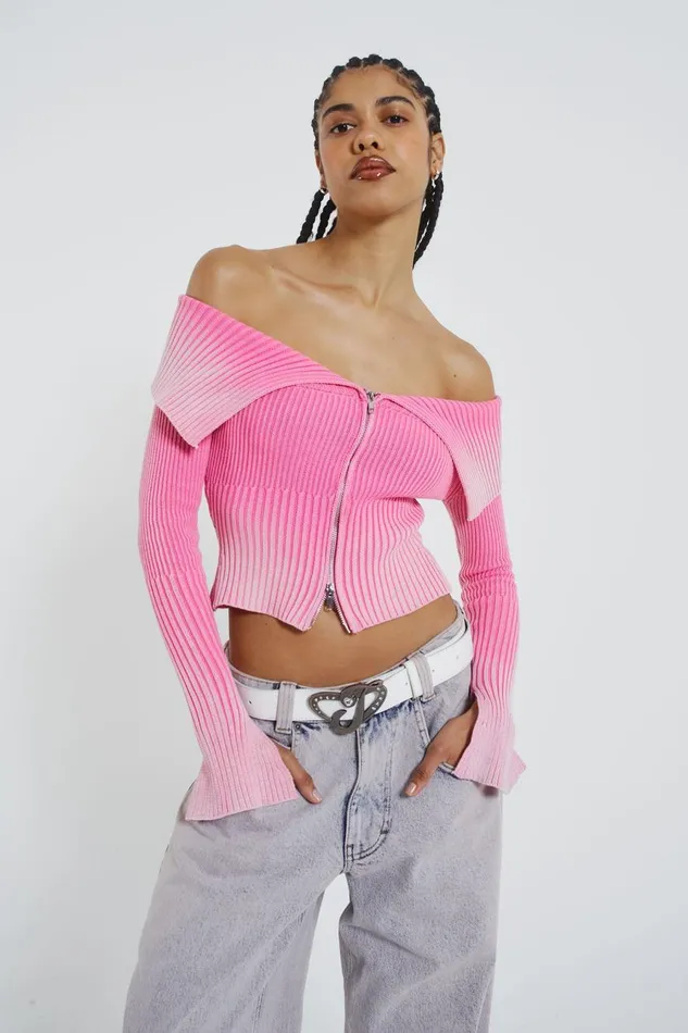 Jaded London Pink Tribeca Ribbed Off The Shoulder Knit Women Knitwear
