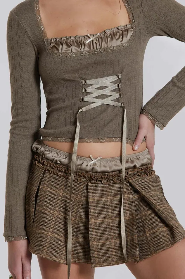 Jaded London Pleated Check Satin Boxer Mini Skirt Women CoOrds