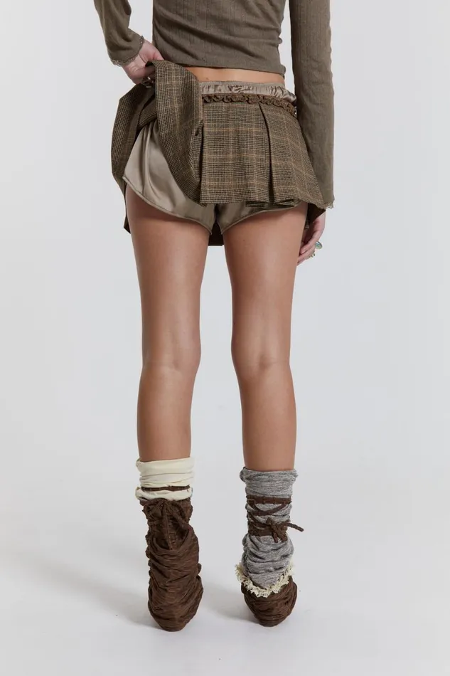 Jaded London Pleated Check Satin Boxer Mini Skirt Women CoOrds