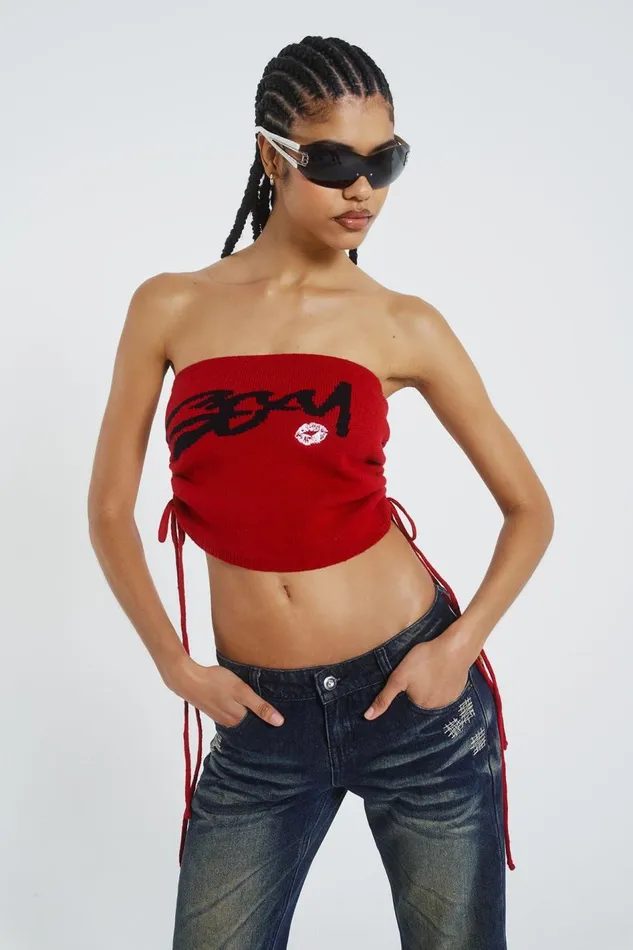 Jaded London Red Knitted Bandeau With Drawcord Detail Women Knitwear