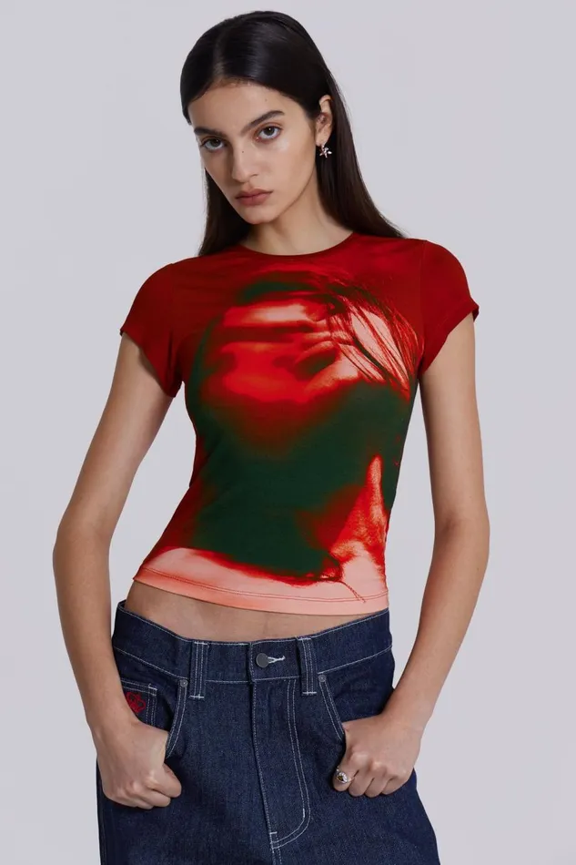 Jaded London Red Motion Face Graphic Baby Tee Women TShirts