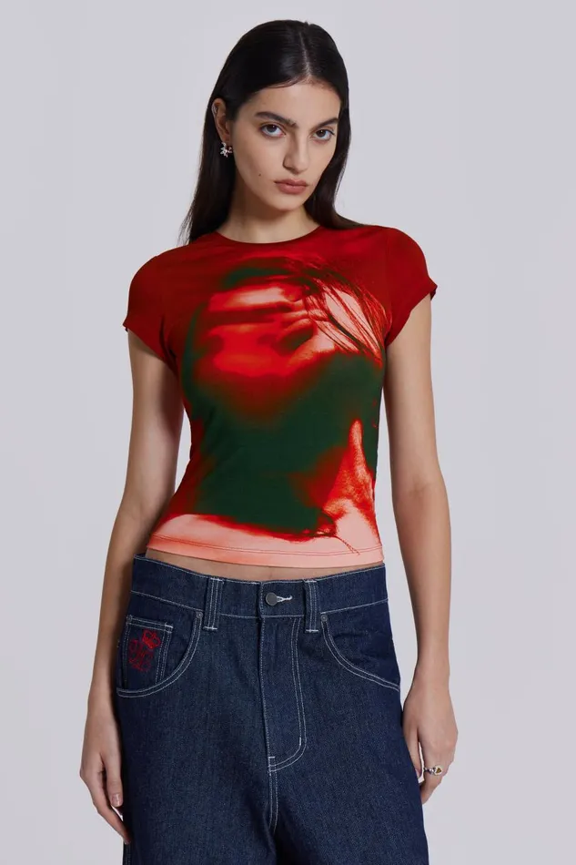 Jaded London Red Motion Face Graphic Baby Tee Women TShirts