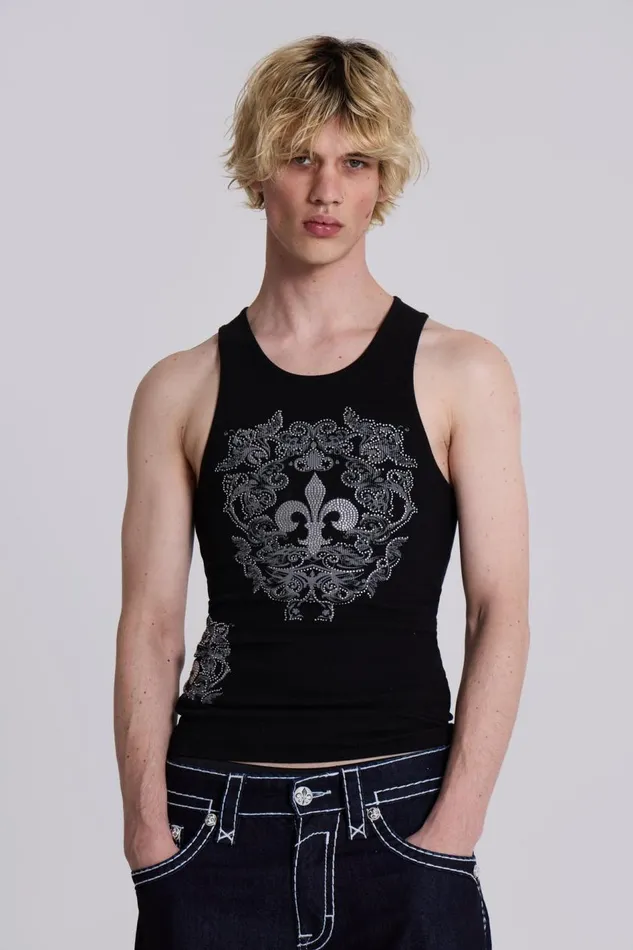Jaded London Rock Revival Black Fleur De Lis Vest Men TShirts and Vests