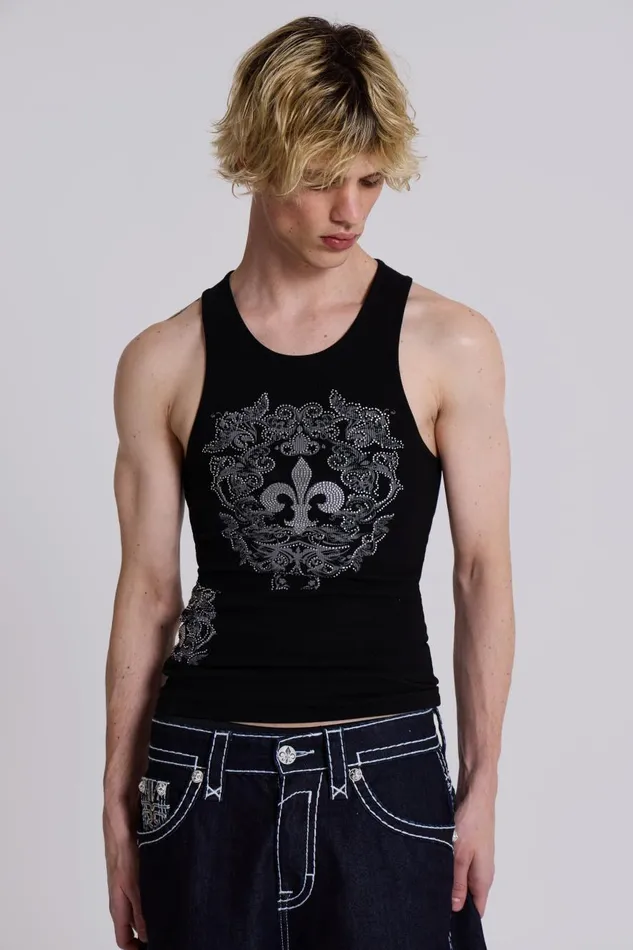Jaded London Rock Revival Black Fleur De Lis Vest Men TShirts and Vests