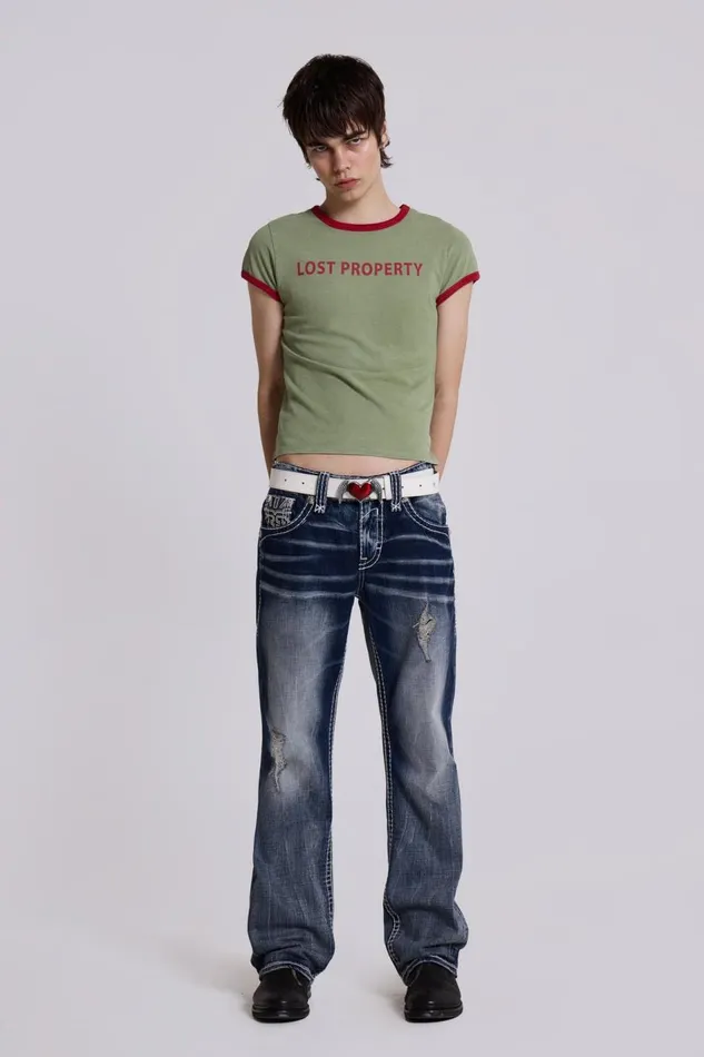 Jaded London Rock Revival Mid Blue Gwen Bootcut Jeans Men SlimStraight Jeans