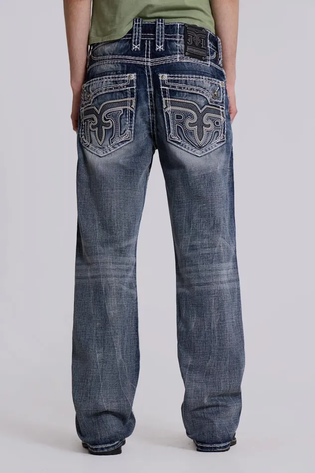 Jaded London Rock Revival Mid Blue Gwen Bootcut Jeans Men SlimStraight Jeans