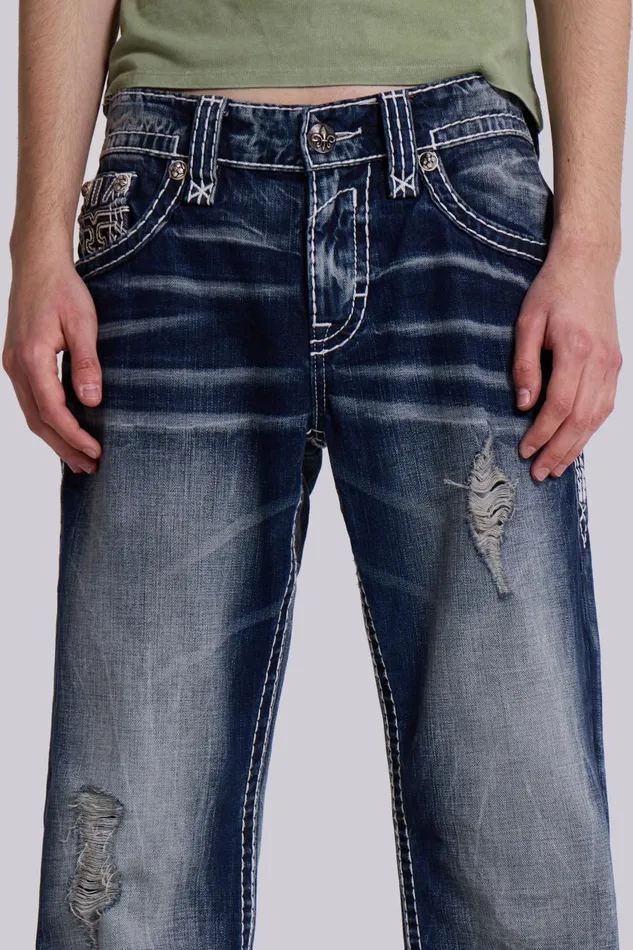 Jaded London Rock Revival Mid Blue Gwen Bootcut Jeans Men SlimStraight Jeans