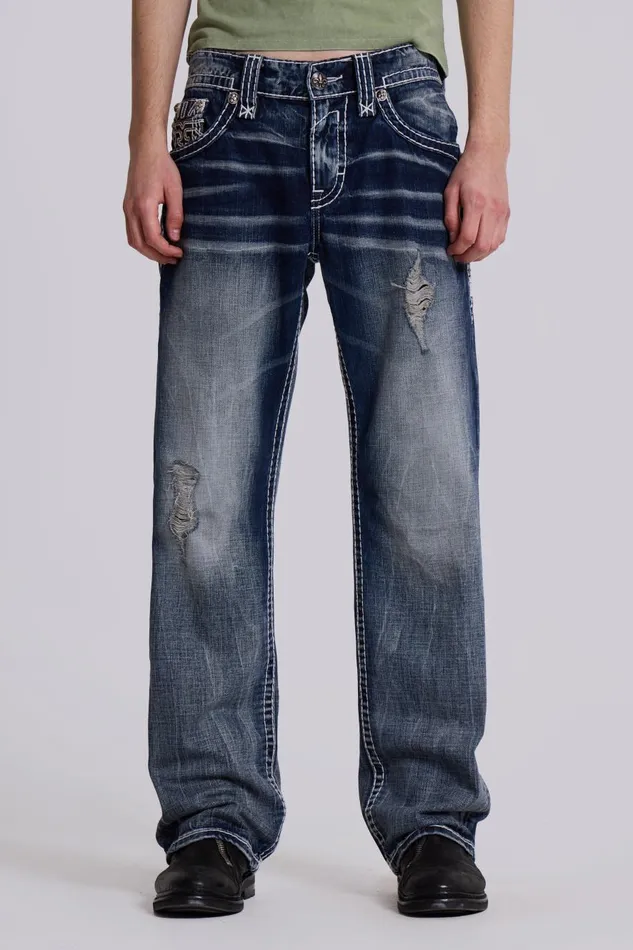 Jaded London Rock Revival Mid Blue Gwen Bootcut Jeans Men SlimStraight Jeans