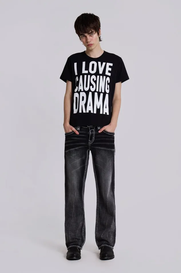 Jaded London Rock Revival Washed Black Gwen Bootcut Jeans Men SlimStraight Jeans