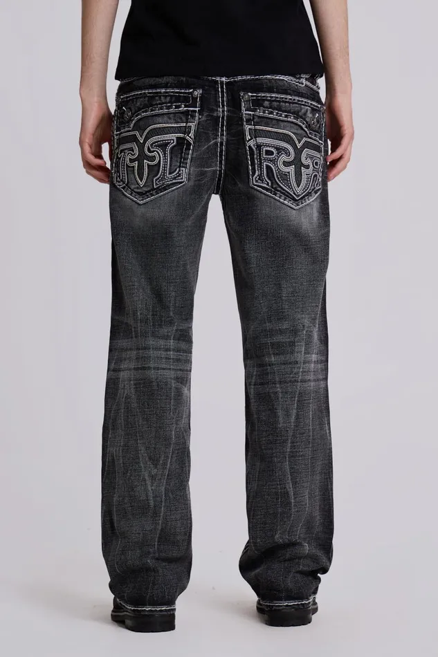 Jaded London Rock Revival Washed Black Gwen Bootcut Jeans Men SlimStraight Jeans