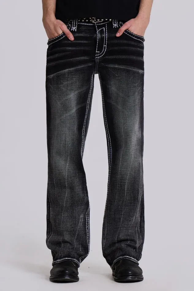 Jaded London Rock Revival Washed Black Gwen Bootcut Jeans Men SlimStraight Jeans