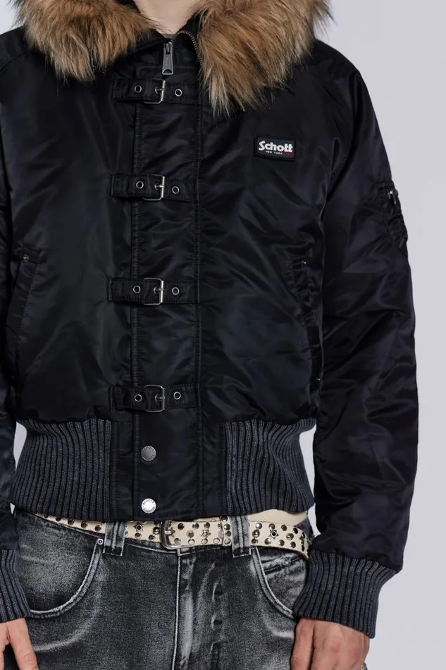Jaded London Schott Black MA1 Hooded Bomber Jacket Men Outerwear