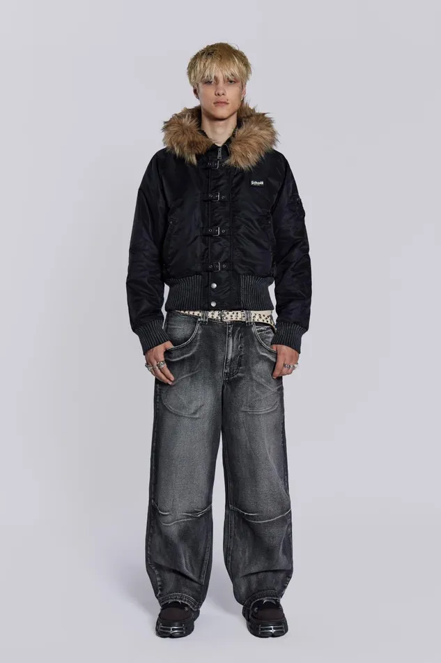 Jaded London Schott Black MA1 Hooded Bomber Jacket Men Outerwear