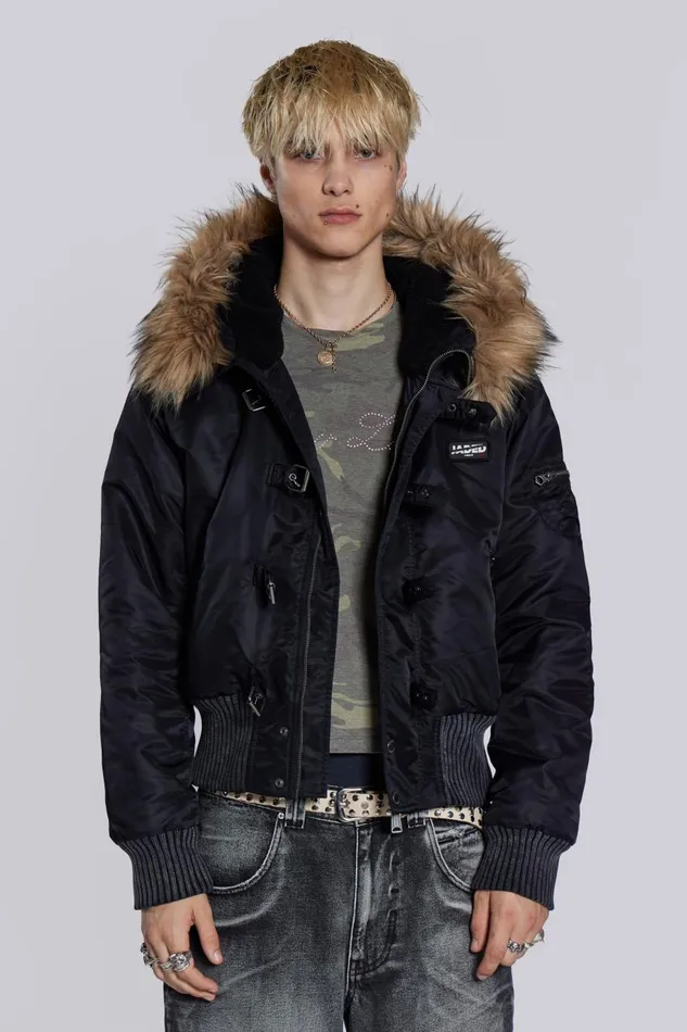 Jaded London Schott Black MA1 Hooded Bomber Jacket Men Outerwear