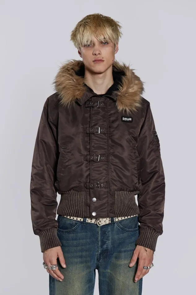 Jaded London Schott Brown MA1 Hooded Bomber Jacket Men Outerwear