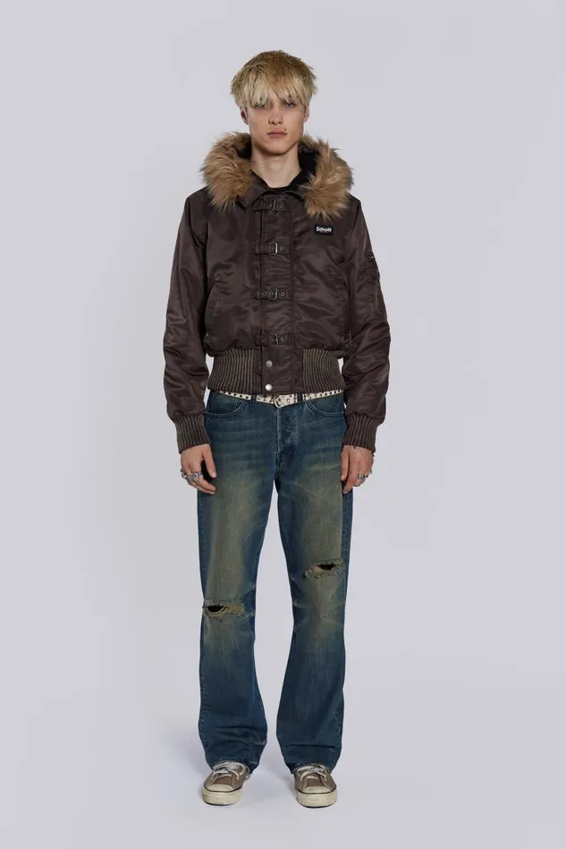 Jaded London Schott Brown MA1 Hooded Bomber Jacket Men Outerwear