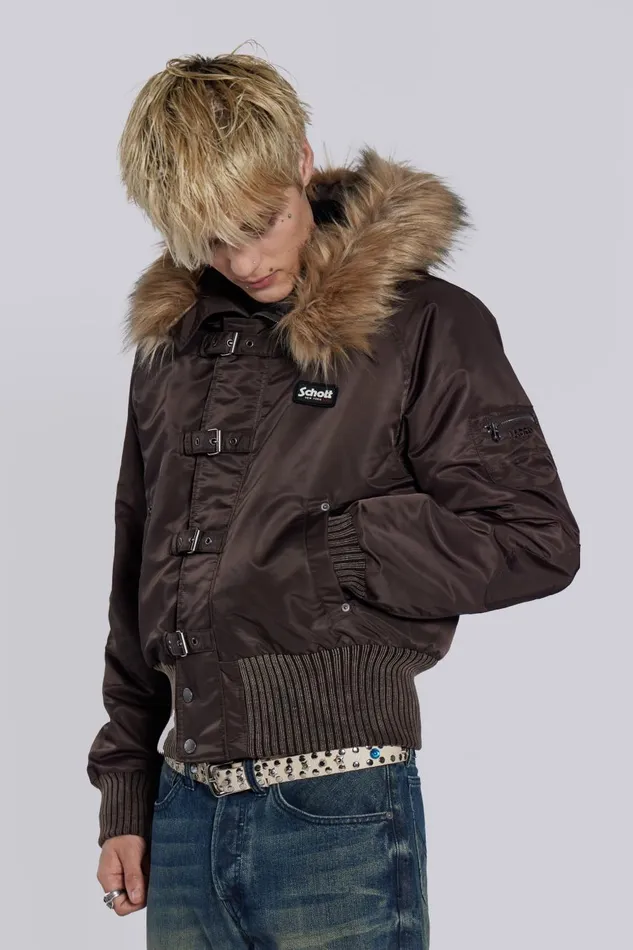 Jaded London Schott Brown MA1 Hooded Bomber Jacket Men Outerwear