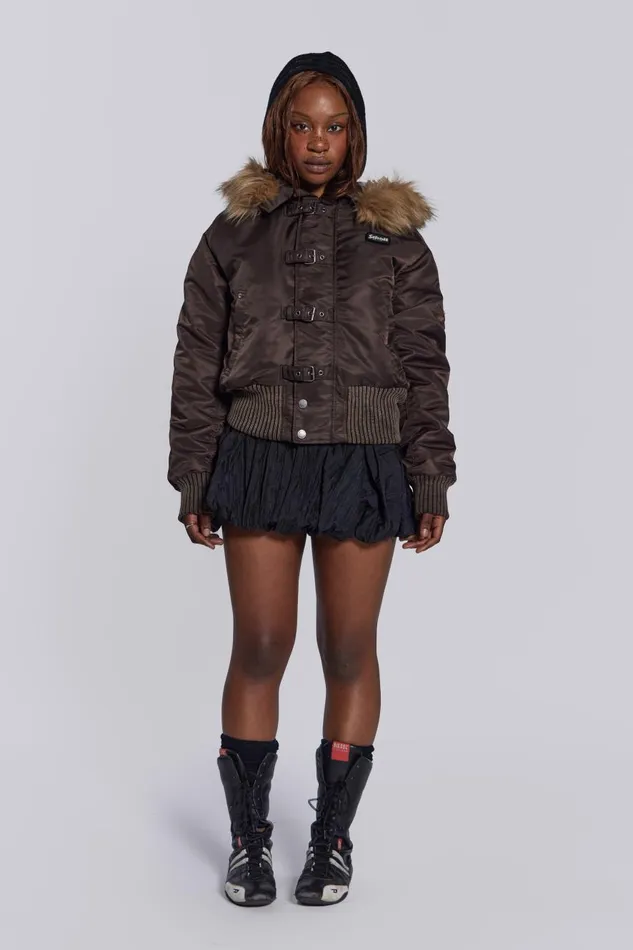 Jaded London Schott Brown MA1 Hooded Bomber Jacket Women Outerwear