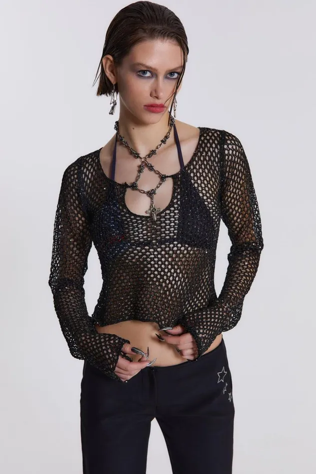 Jaded London Sequin Crochet Bead Top Women Knitwear