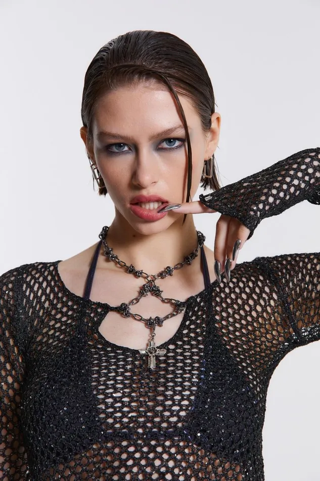 Jaded London Sequin Crochet Bead Top Women Knitwear