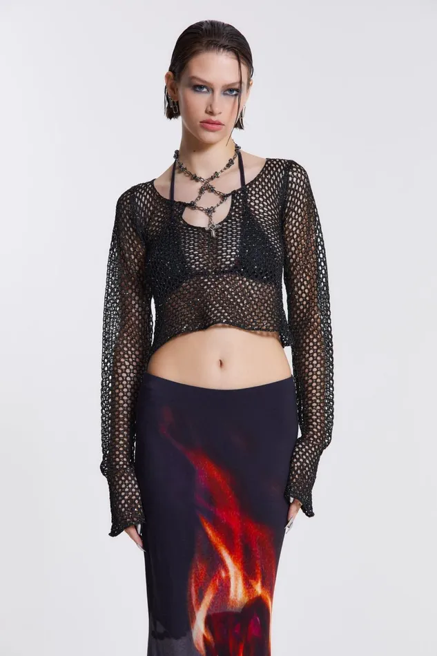 Jaded London Sequin Crochet Bead Top Women Knitwear