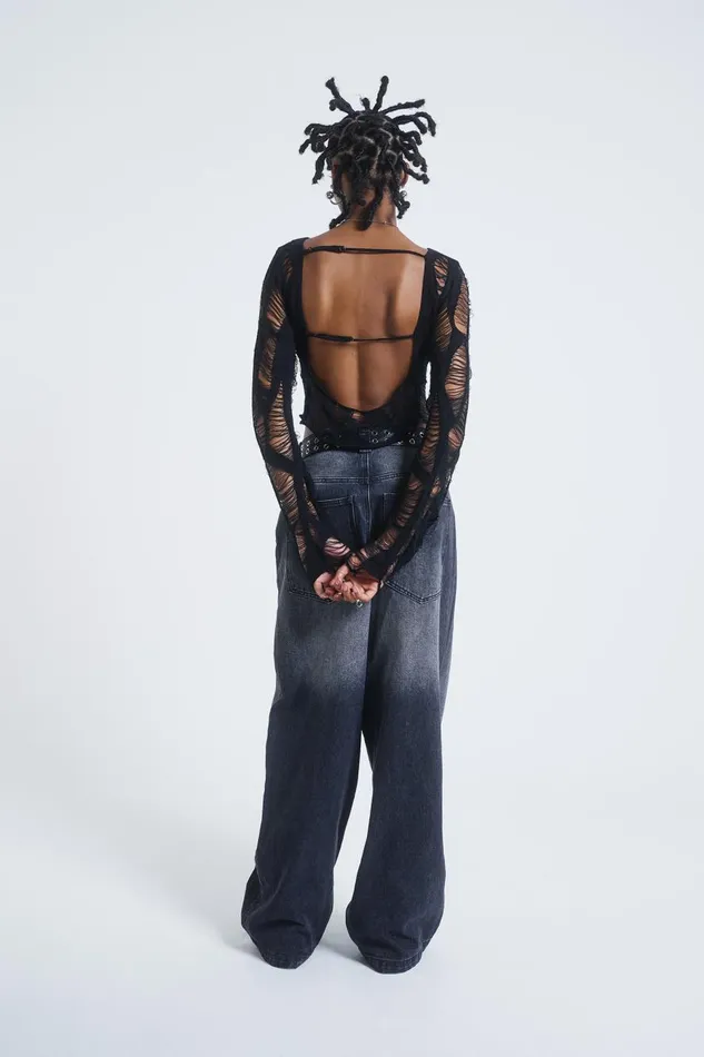 Jaded London Shredded Laddered Knitted Backless Long Sleeve Top Women Knitwear