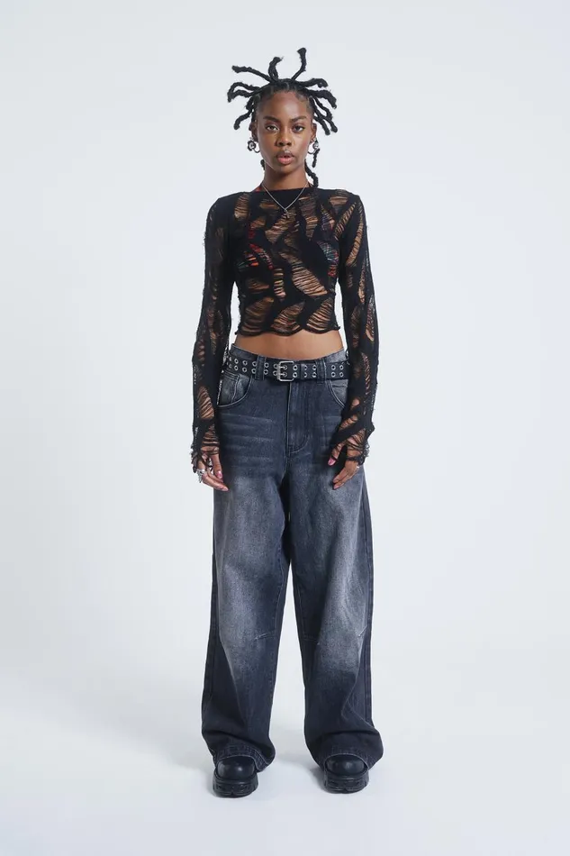 Jaded London Shredded Laddered Knitted Backless Long Sleeve Top Women Knitwear