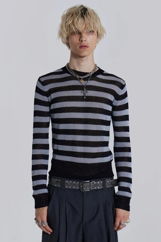 Jaded London Silver and Black Fine Knit Jumper Men Knitwear