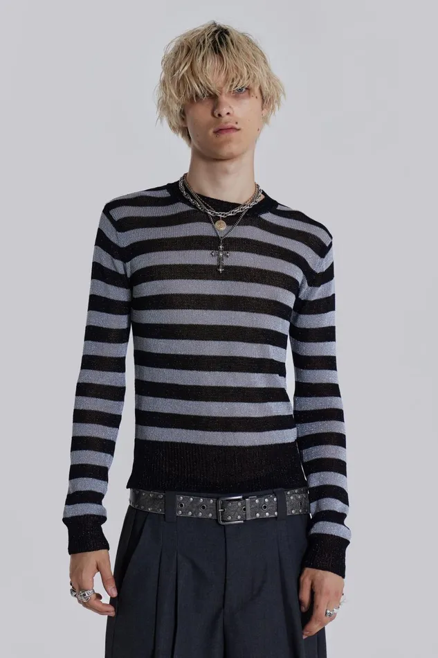 Jaded London Silver and Black Fine Knit Jumper Men Knitwear