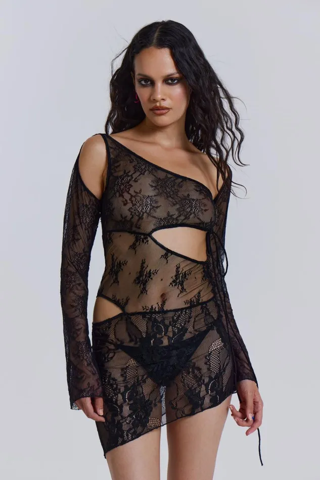 Jaded London Siren Long Sleeve Mixed Lace Mini Dress With Slash Cut Out Detail Women Mini Dresses