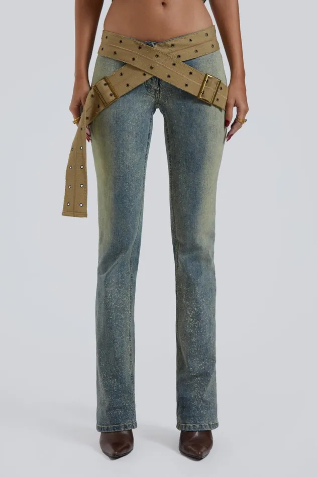 Jaded London Stonewash Low Rise Webbing Belt Jeans Women Jeans