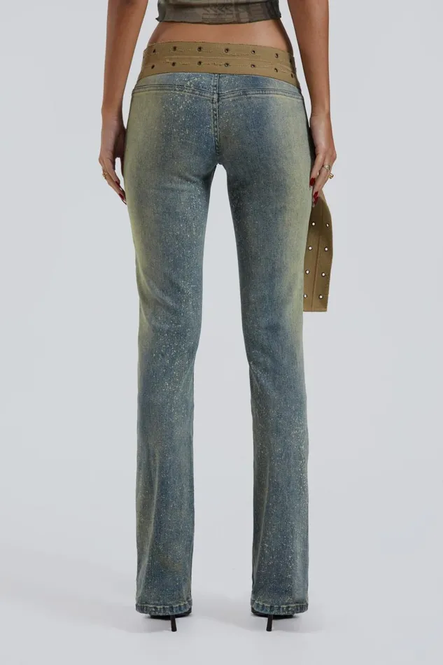 Jaded London Stonewash Low Rise Webbing Belt Jeans Women Jeans