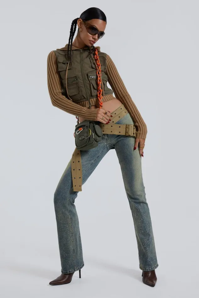 Jaded London Stonewash Low Rise Webbing Belt Jeans Women Jeans