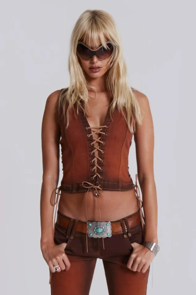 Jaded London Sunburst Denim Lace Up Corset Top Women CoOrds