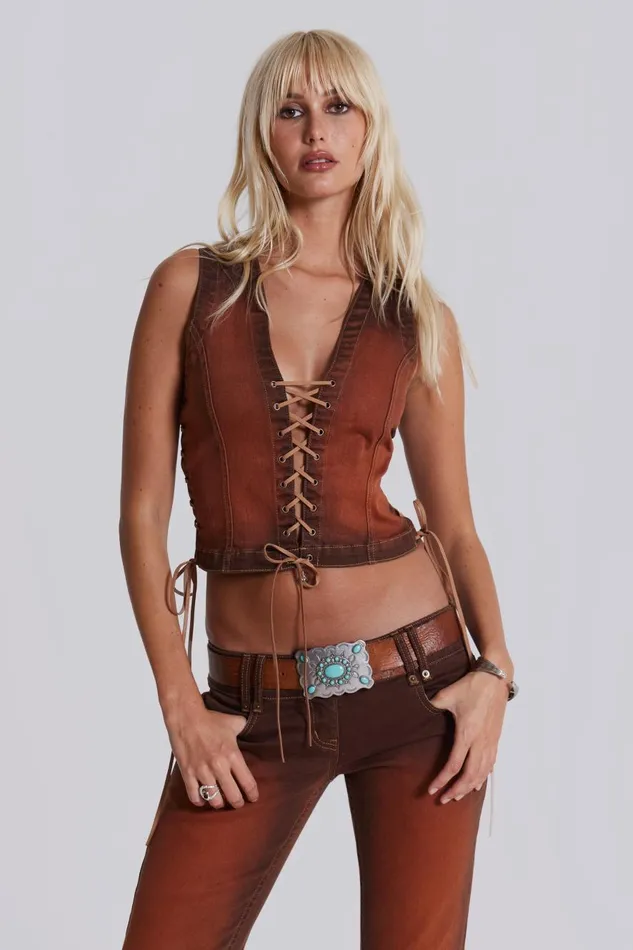 Jaded London Sunburst Denim Lace Up Corset Top Women CoOrds