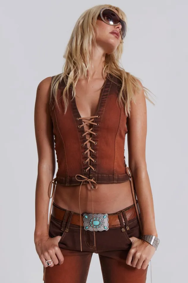 Jaded London Sunburst Denim Lace Up Corset Top Women CoOrds
