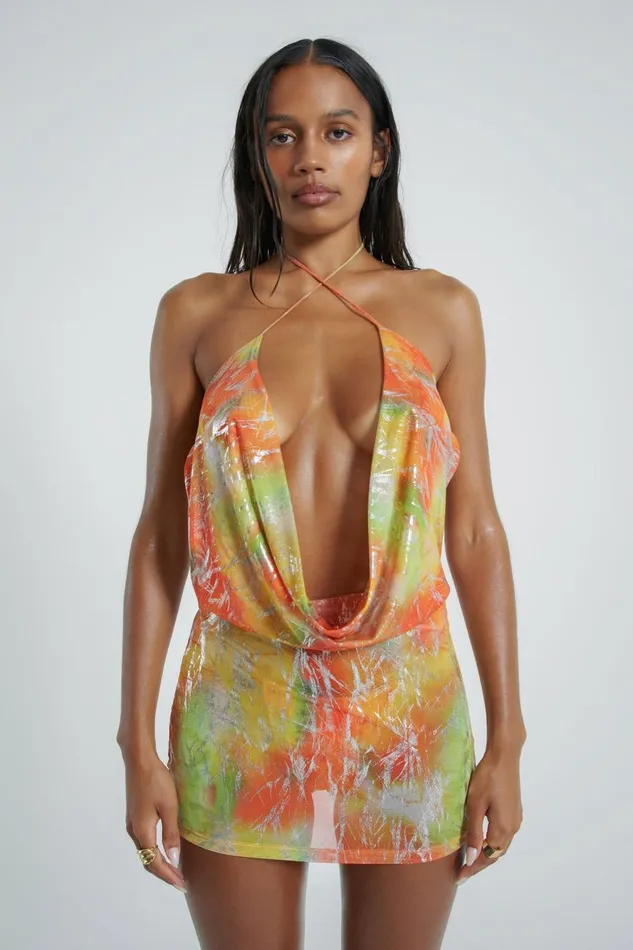 Jaded London Tie Dye Metallic Print Extreme Plunge Mini Beach Dress Women Beach Cover Ups