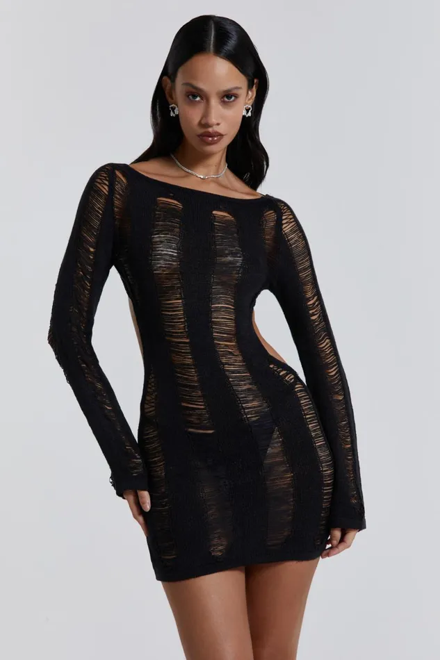 Jaded London Umbra Black Backless Long Sleeve Shredded Knit Mini Dress Women Mini Dresses
