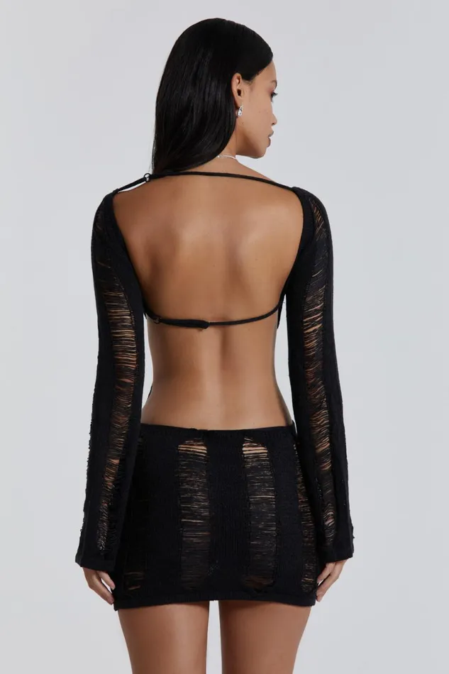 Jaded London Umbra Black Backless Long Sleeve Shredded Knit Mini Dress Women Mini Dresses