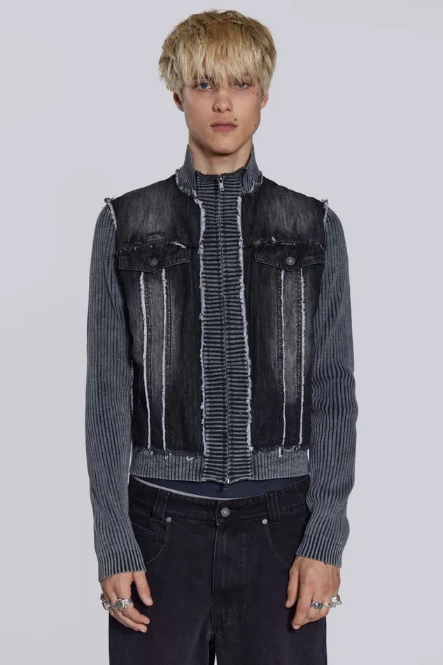 Jaded London Washed Black Denim Knit Track Top Men Knitwear