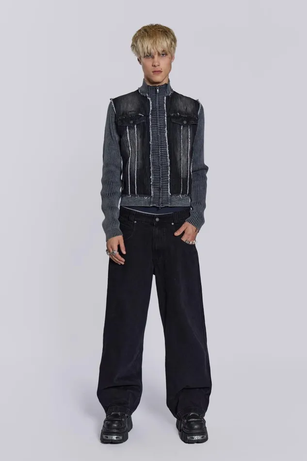 Jaded London Washed Black Denim Knit Track Top Men Knitwear