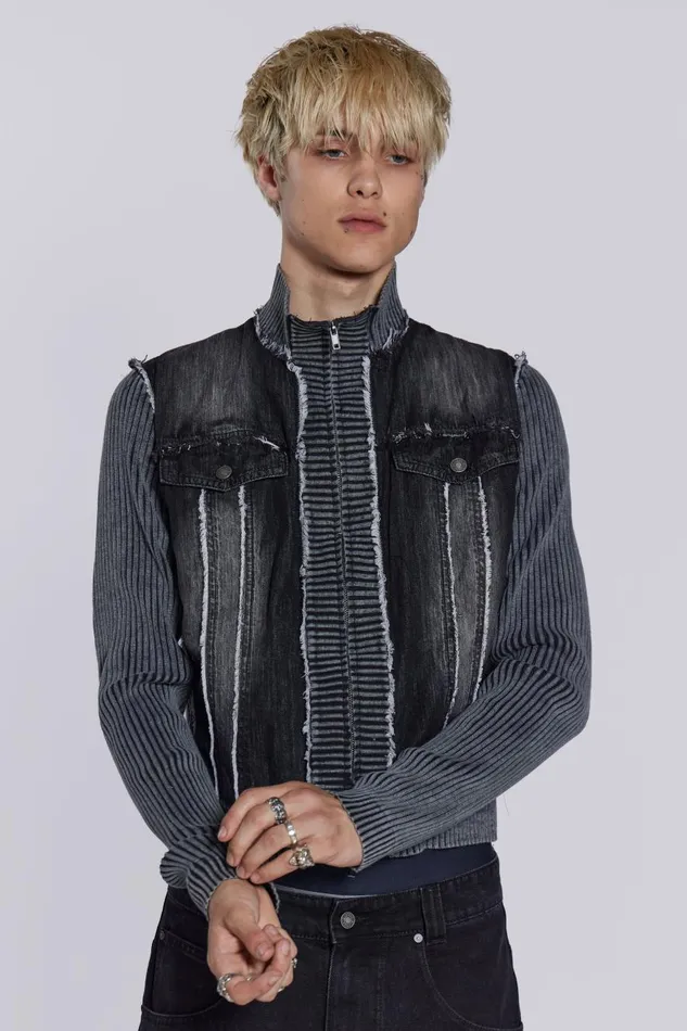 Jaded London Washed Black Denim Knit Track Top Men Knitwear