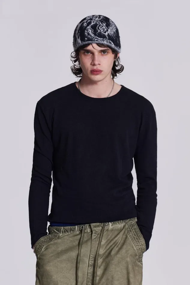 Jaded London Washed Black Long Sleeve Slub Tee Men Basics