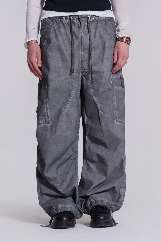 Jaded London Washed Black Oil Parachute Cargo Pants Men Parachute Pants