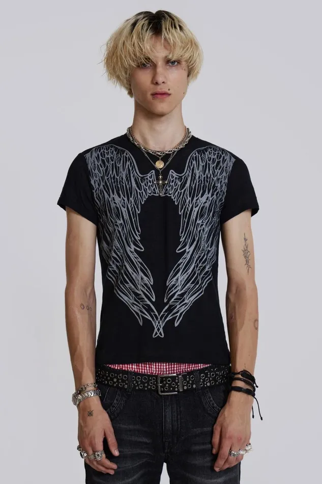 Jaded London Washed Black Wing Print Tshirt Men TShirts and Vests