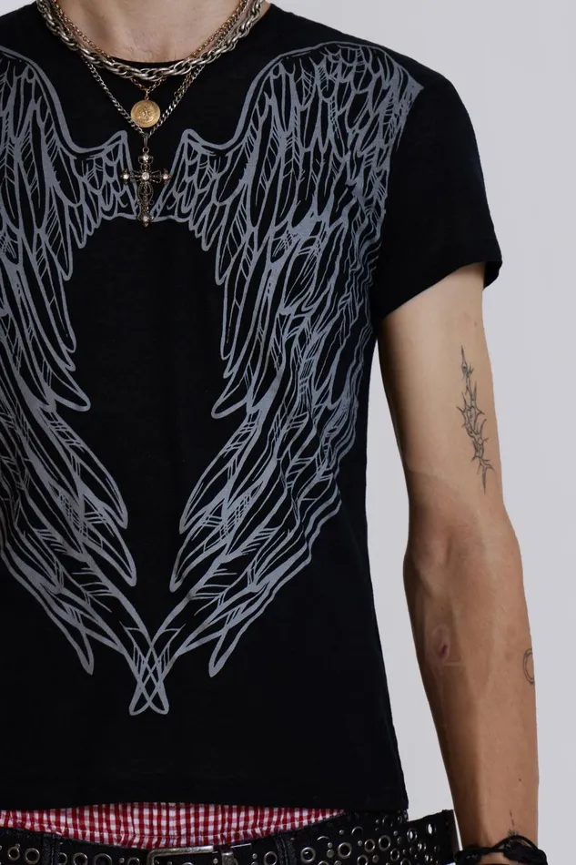 Jaded London Washed Black Wing Print Tshirt Men TShirts and Vests